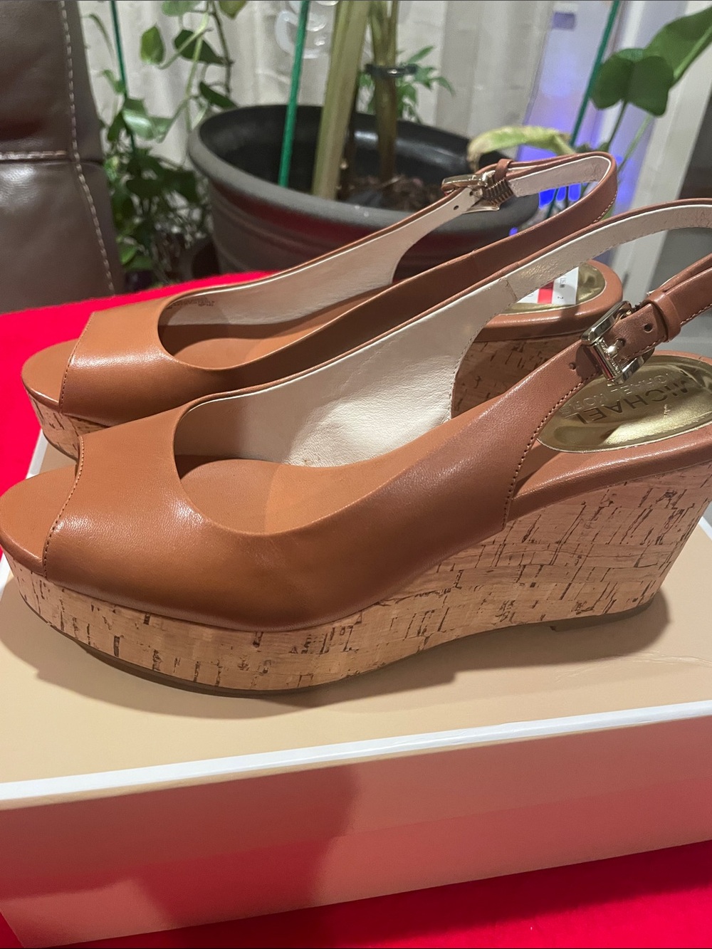 MICHAEL Michael Kors Tan Leather Cork Wedge Slingbacks
